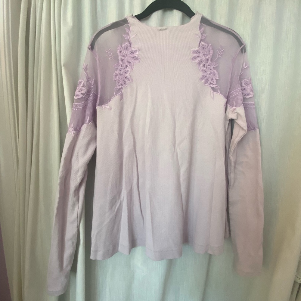 Free People Romantic Lilac Long Sleeve Top with Mesh Shoulders Floral Embroidery - Picture 7 of 9